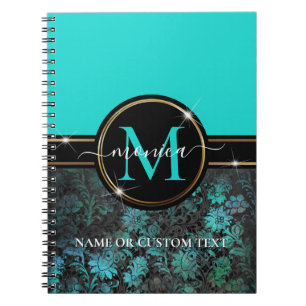 Caderno Espiral Girly Aqua Blue Grunge Damask Dourado Frame Monogr