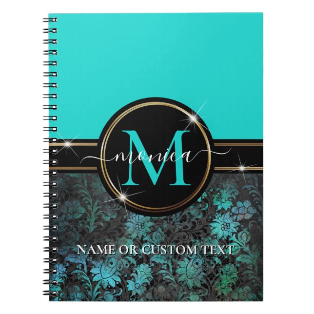Caderno Espiral Girly Aqua Blue Grunge Damask Dourado Frame Monogr (Frente)