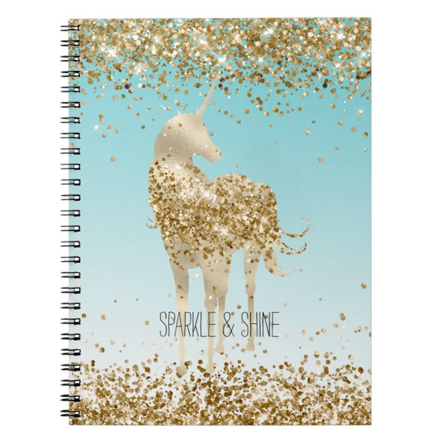 Caderno Espiral Girly Aqua Dourada Confetti Glitter Unicorn (Frente)