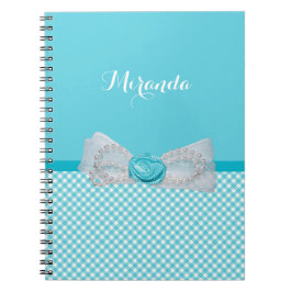 Caderno Espiral Girly Aqua Gingham Cute Pearls Rosa Arco Com Nome