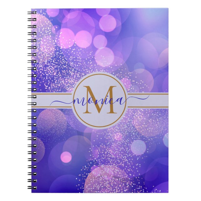 Caderno Espiral Girly Blue Bokeh Dourado Glitter Monographic Name (Frente)