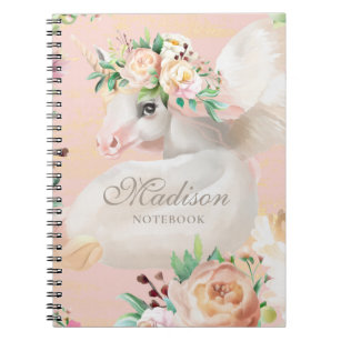 Caderno Espiral Girly Chic Watercolor Floral Unicorn Personalizado