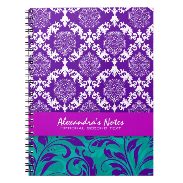 Caderno Espiral Girly Elegant Purple & Greene Floral Damask (Frente)