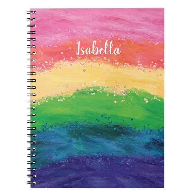 Caderno Espiral Girly Glitter Rainbow Personalizado (Frente)