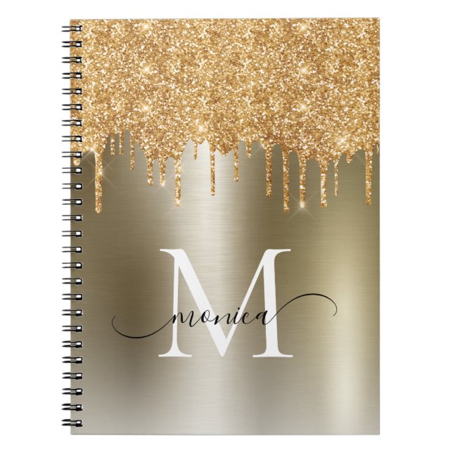Caderno Espiral Girly Gold Dripping Glitter Monogram Name (Frente)