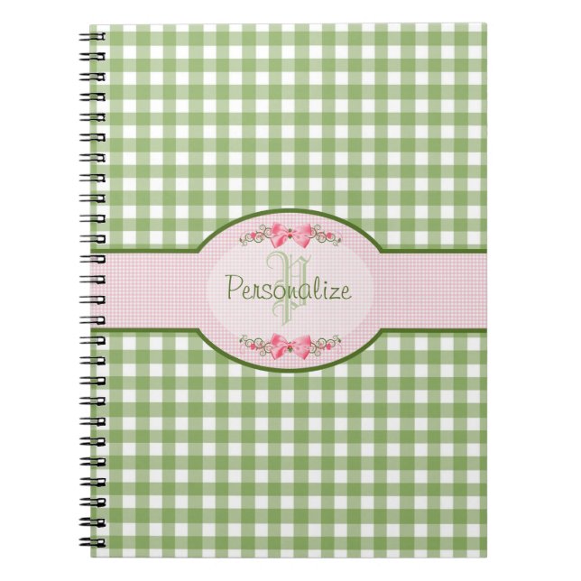 Caderno Espiral Girly Green Gingham Monograma Com Nome (Frente)