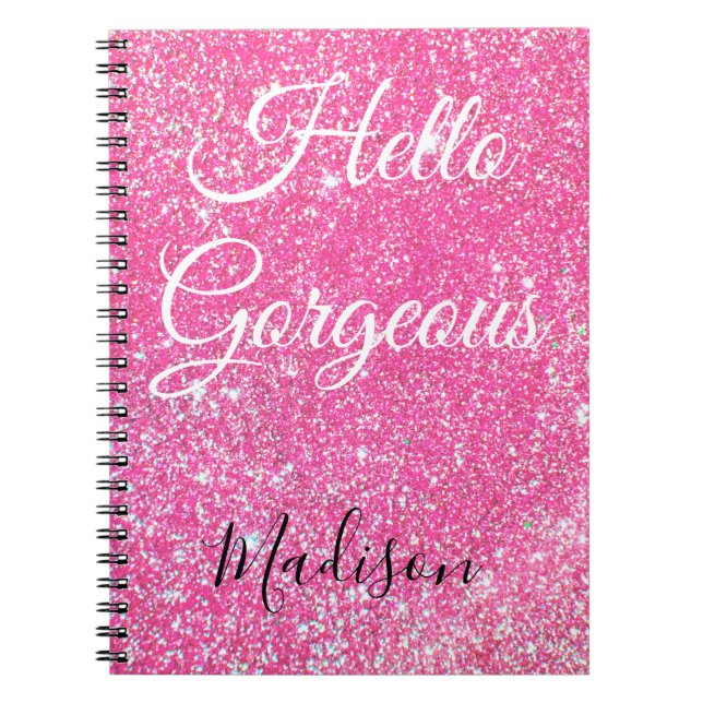 Caderno Espiral Girly Hello Gorgeous Hot Pink Glitter Sparkle Name (Frente)