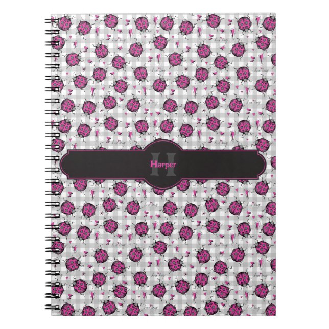 Caderno Espiral Girly Hot Pink & Black Ladybugs Cinza Gingham Nome (Frente)