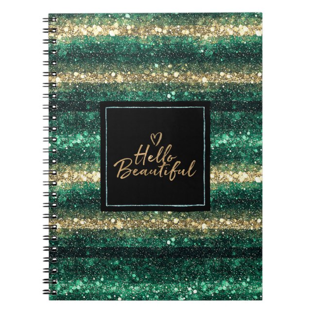 Caderno Espiral Girly Mint Gold Glitter Black Hello Beautiful (Frente)