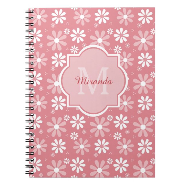 Caderno Espiral Girly Monogramas Flores De Margarida Rosa, Cuta, C (Frente)