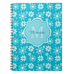 Caderno Espiral Girly Monogramas Turquoise Daisy Flowers Com Nome