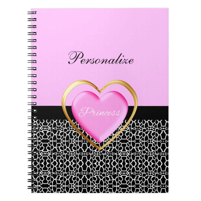 Caderno Espiral Girly Pink Black Princess Giraffe Impressão and Na (Frente)