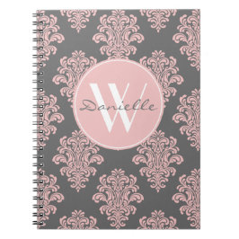 Caderno Espiral Girly Pink e Cinza Damask Monograma