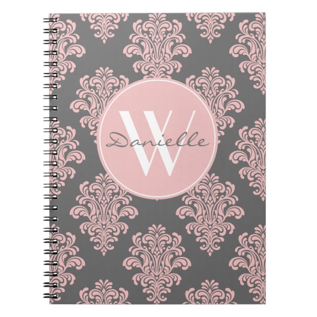 Caderno Espiral Girly Pink e Cinza Damask Monograma (Frente)