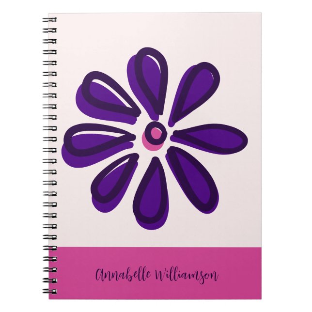 Caderno Espiral Girly Pink, Nome na Flor Roxo de Fontes de Script (Frente)