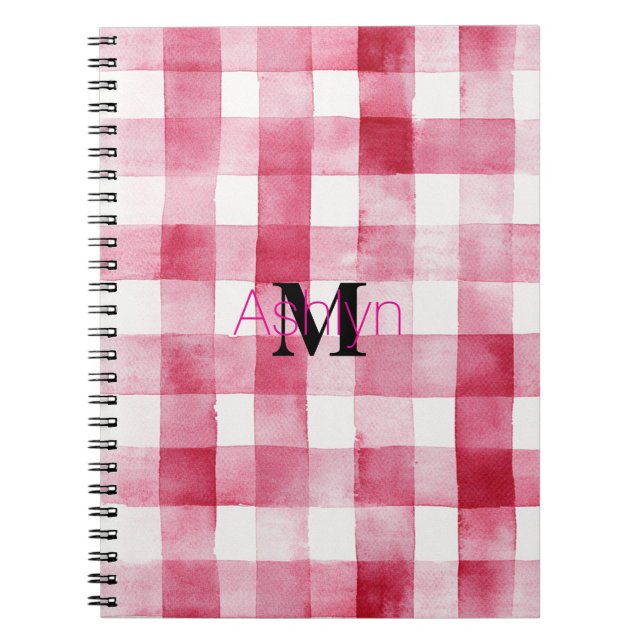 Caderno Espiral Girly Pink White Plaid Stripes Monogram (Frente)