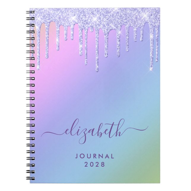 Caderno Espiral Girly Purple Glitter Drips Personalized Rainbow (Frente)