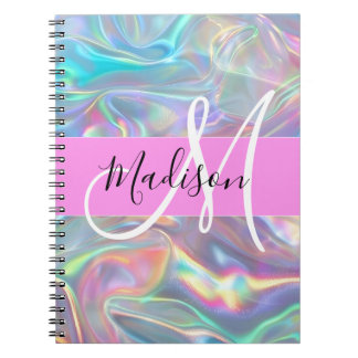 Caderno Espiral Girly Rainbow Holographic Nome do Monograma Irides