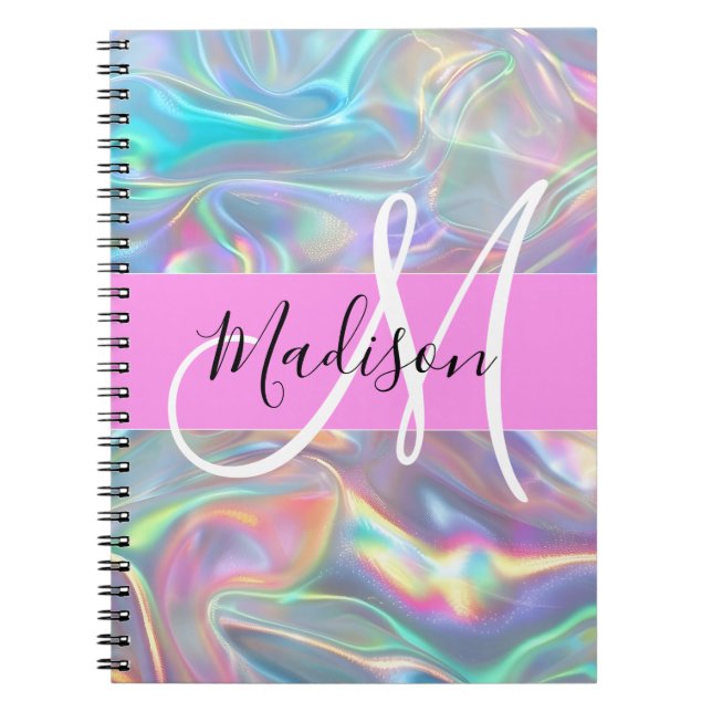 Caderno Espiral Girly Rainbow Holographic Nome do Monograma Irides (Frente)
