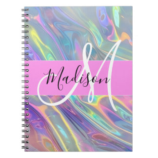Caderno Espiral Girly Rainbow Holographic Nome do Monograma Irides