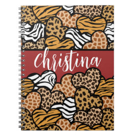 Caderno Espiral Girly Red Playful Animal Print Hearts Name