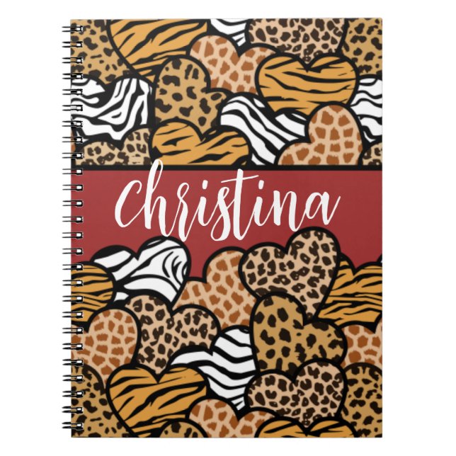 Caderno Espiral Girly Red Playful Animal Print Hearts Name (Frente)