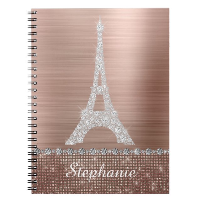 Caderno Espiral Girly Rosa Dourado Diamond Sparkle Paris Personali (Frente)