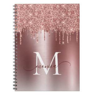 Caderno Espiral Girly Rosa Dourado Glitter Blush Nome do Monograma