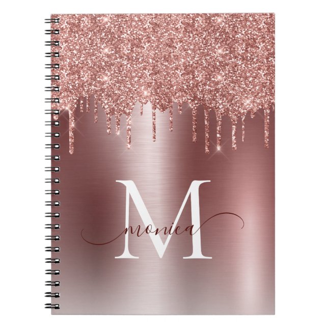 Caderno Espiral Girly Rosa Dourado Glitter Blush Nome do Monograma (Frente)