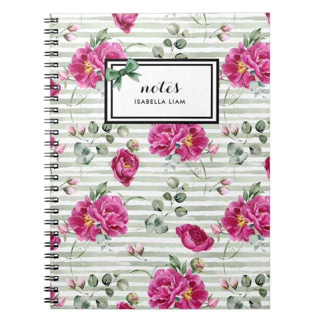 Caderno Espiral Girly Watercolor Greenery White Flowers Padrão (Frente)