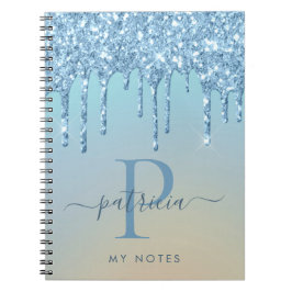 Caderno Espiral Glam Azul Glitter Gotas Monograma Elegante