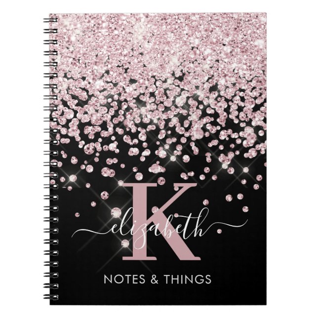 Caderno Espiral Glam Black Rosa Dourado Glitter Diamond Monogramad (Frente)
