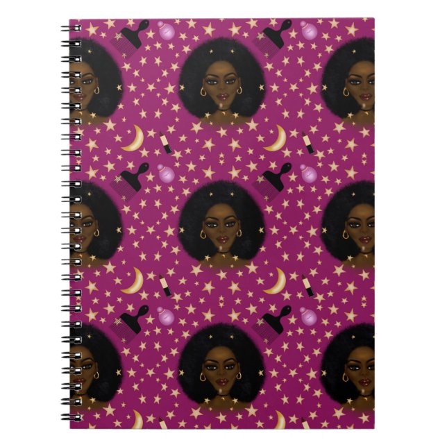 Caderno Espiral Glam Black Woman Afro Hair pic batom rosa (Frente)