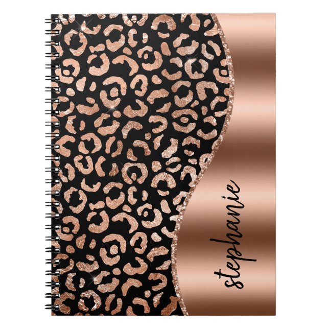 Caderno Espiral Glam Faux Foil Leopard Spots Rosa Dourado Nome Neg (Frente)