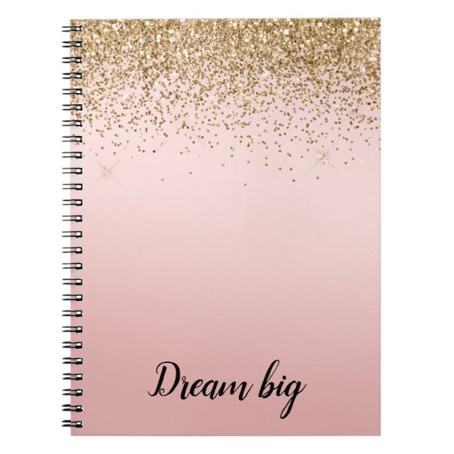 Caderno Espiral Glam Glitzy Brilhante Dourado Mole Rosa Glitter (Frente)