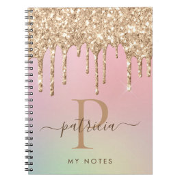 Caderno Espiral Glam Gota de Brilho em Ouro Monograma Elegante
