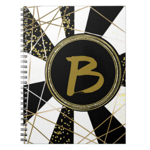 Caderno Espiral Glam Moderno Deco Preto Branco Dourado Feminino Ún