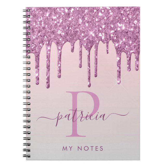 Caderno Espiral Glam Pink Glitter Drives Monograma Elegante (Frente)