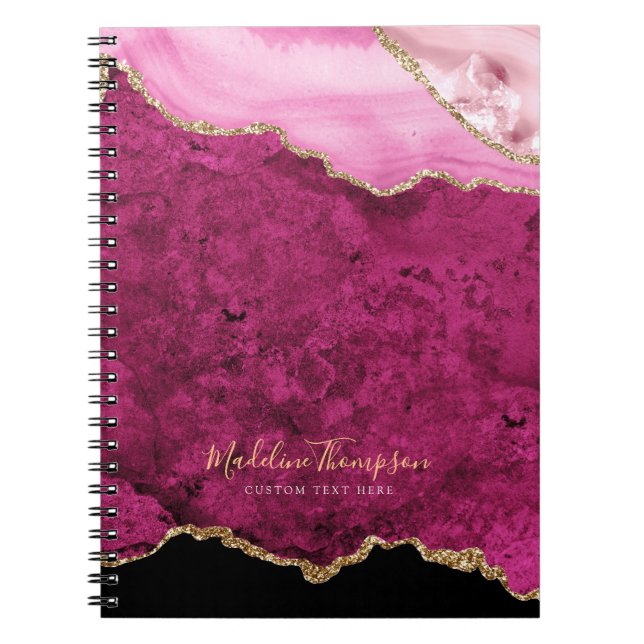 Caderno Espiral Glam Pink Magenta Velvet Agate Geode Gold Script (Frente)