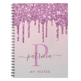 Caderno Espiral Glam Rosa Brilho em Gotas Monograma Elegante