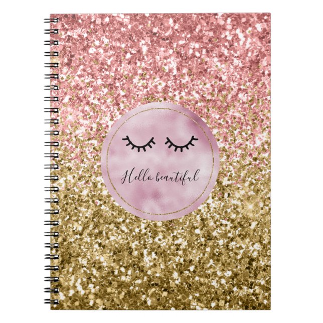 Caderno Espiral Glam Rosa Dourada, Leve Preta, Eilashes (Frente)