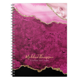 Caderno Espiral Glam Rosa Magenta Veludo Ágata Geodo Dourado Scrip
