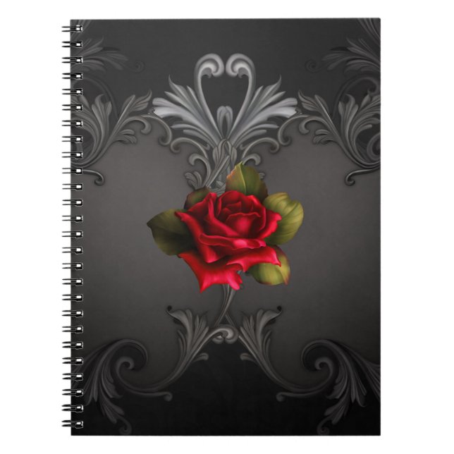 Caderno Espiral Glamor Gótico Rosa vermelha Grelha Ornamental Negr (Frente)