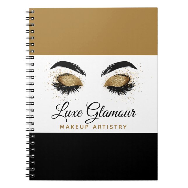 Caderno Espiral Glamorous Dourado Olhos Lashes Makeup Artist BeauB (Frente)