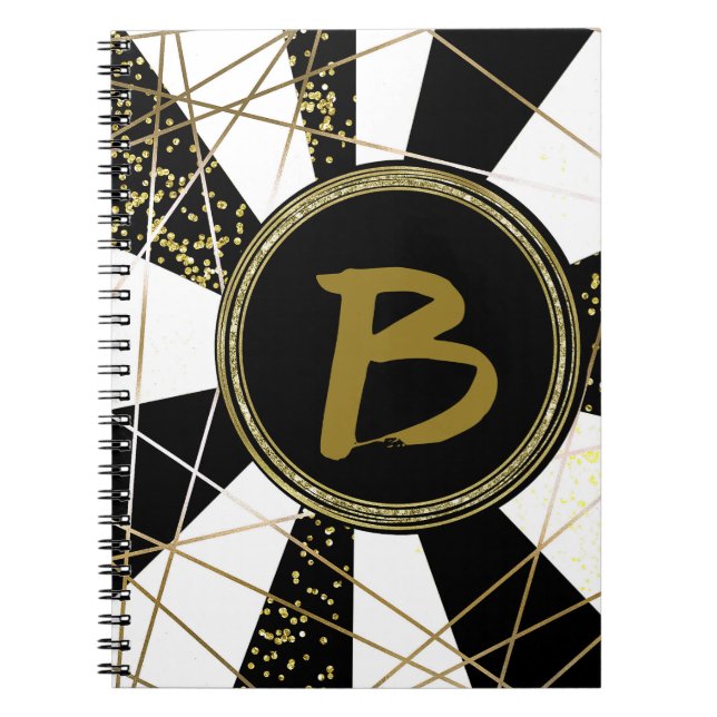 Caderno Espiral Glamour Moderno Deco Preto Branco Dourado Feminino (Frente)