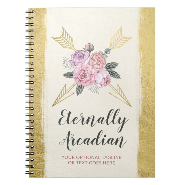 Caderno Espiral Glamuroso Boêmio Flores Arrows Dourado Boho Chic (Frente)