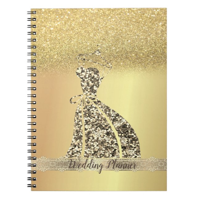 Caderno Espiral Glitter Bokeh, Vestido, Lugar Dourado Elegante (Frente)