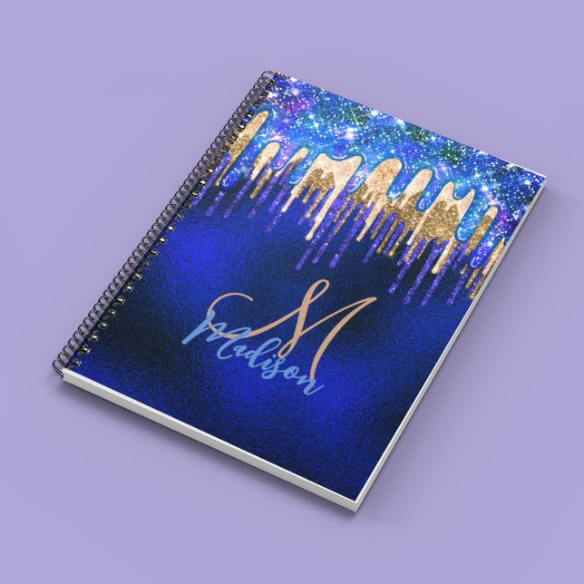 Caderno Espiral Glitter de ouro unicórnio azul-chic monograma (Criador carregado)