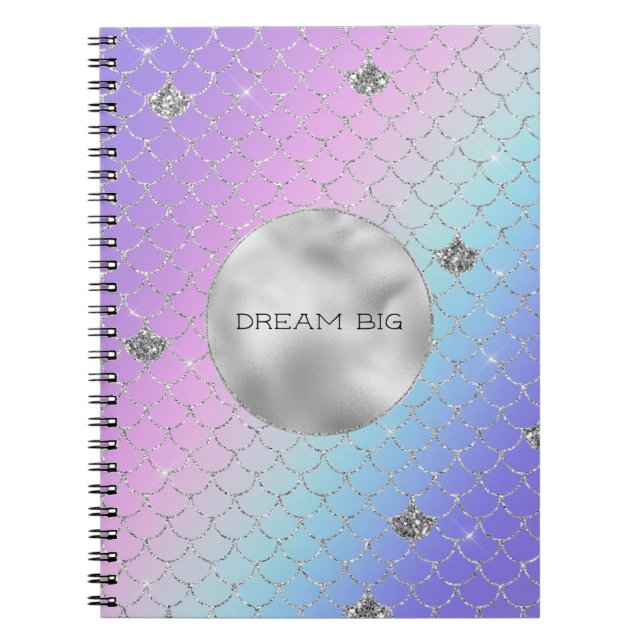 Caderno Espiral Glitter de Sereia de Prata de Água Rosa Roxo (Frente)
