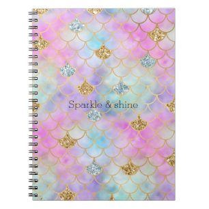 Caderno Espiral Glitter de Sereia Dourado Rosa Púrpura     